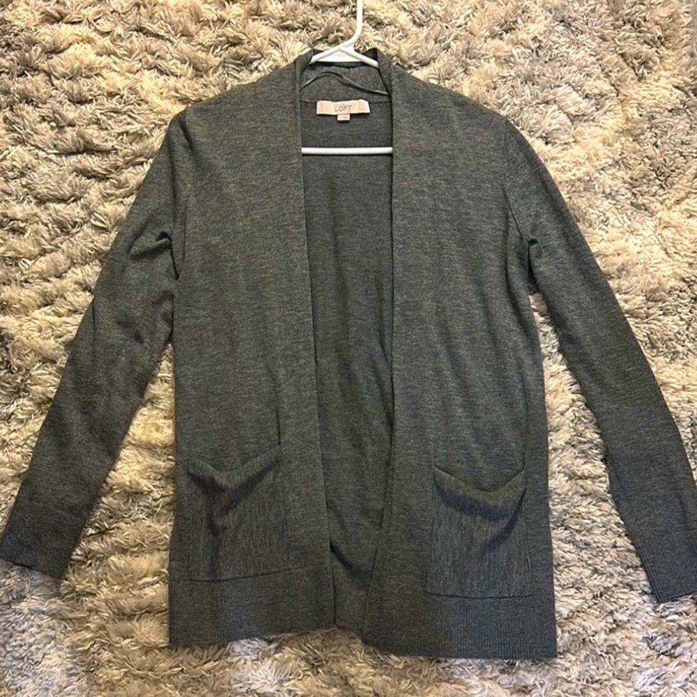 LOFT lightweight wool blend longline open cardigan with front pockets, EUC
